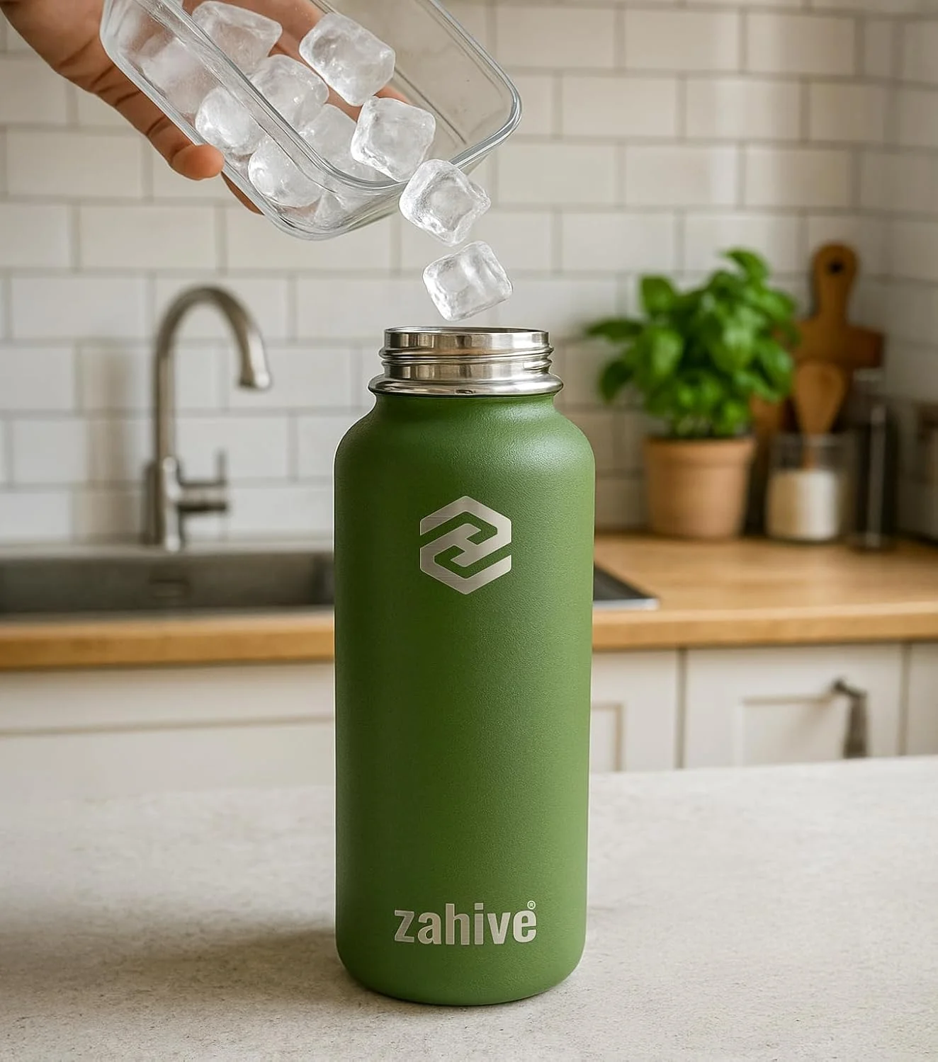 بطری آب استیل ضد زنگ Zahive با حجم 1 لیتر به همراه 3 درب و کیف - بطری آب عایق دار با نی - فلاسک ترموس دو جداره 1000 میلی لیتری برای مسافرت، نوشیدنی های گرم و سرد، ورزش، باشگاه، ضد نشت (32 اونس، سبز ارتشی)