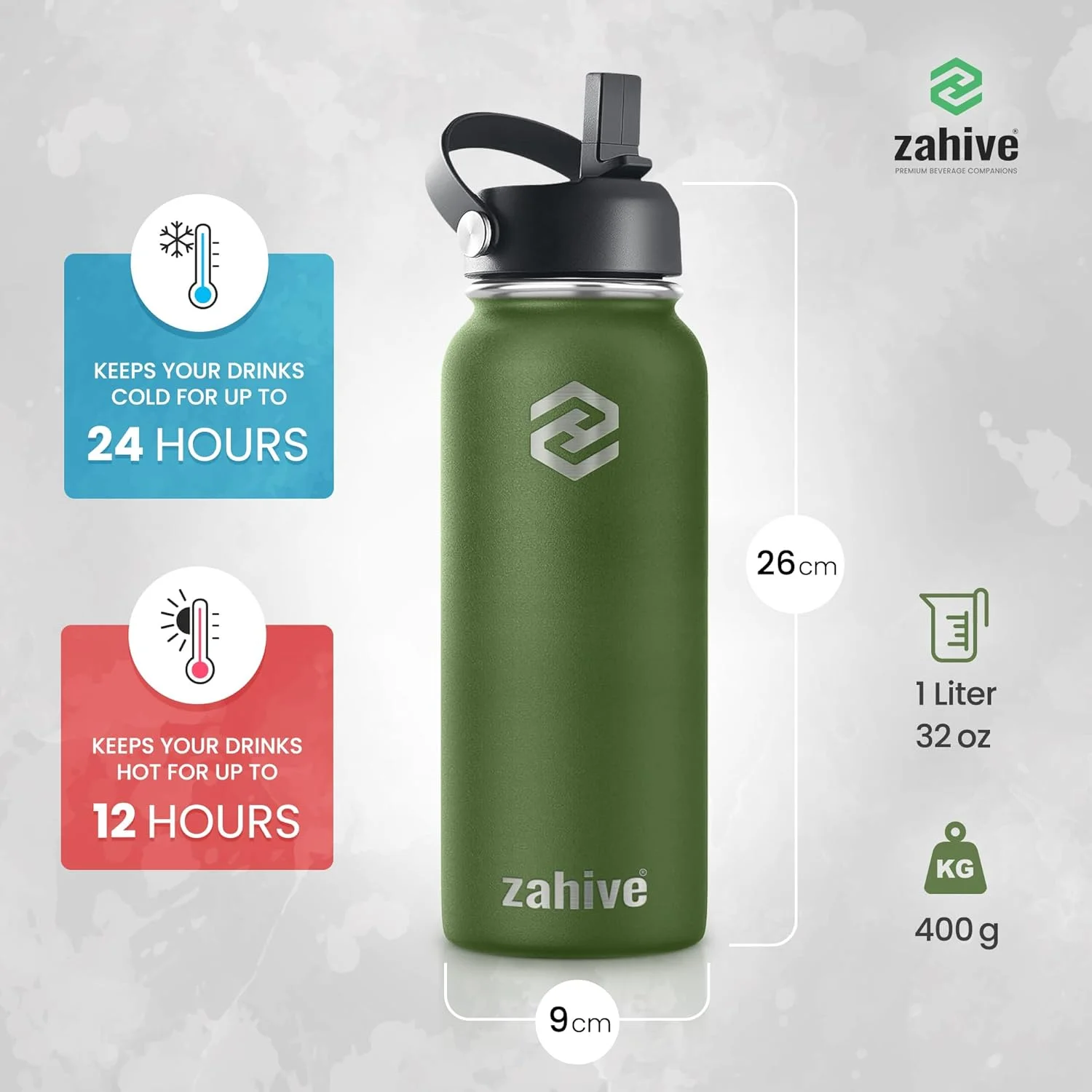 بطری آب استیل ضد زنگ Zahive با حجم 1 لیتر به همراه 3 درب و کیف - بطری آب عایق دار با نی - فلاسک ترموس دو جداره 1000 میلی لیتری برای مسافرت، نوشیدنی های گرم و سرد، ورزش، باشگاه، ضد نشت (32 اونس، سبز ارتشی)