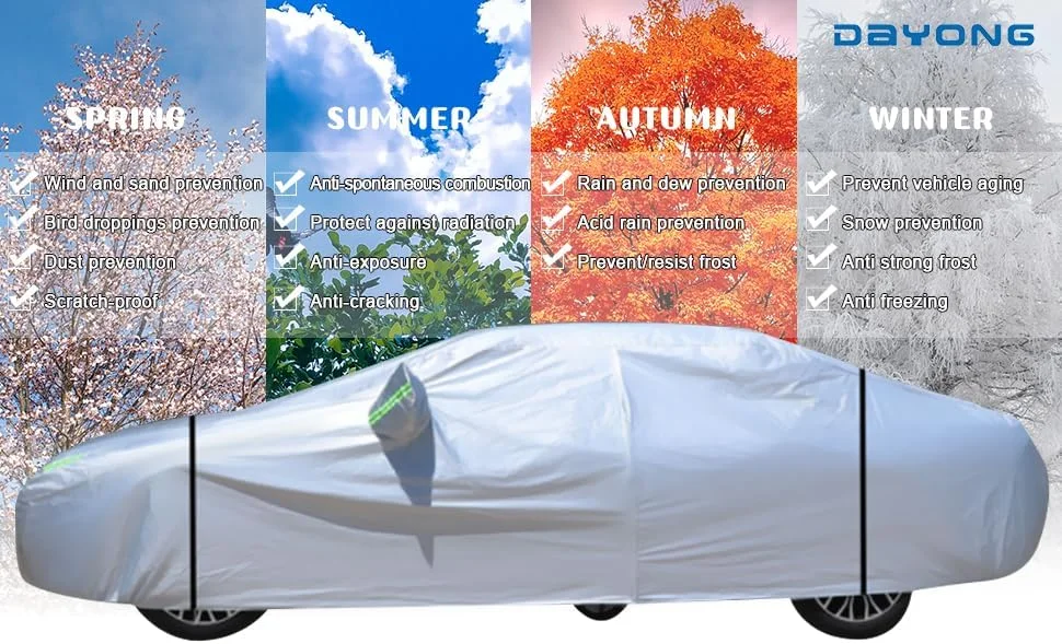 روکش خودرو DAYONG، پوشش کامل ضد آب برای سدان و SUV، آستر پنبه ای زیپ دار، بندهای ضد باد، ضد گرد و غبار محافظت در برابر آفتاب برزنت خودرو برای اتومبیل. (YXL-5.05 * 190 * 185CM)
