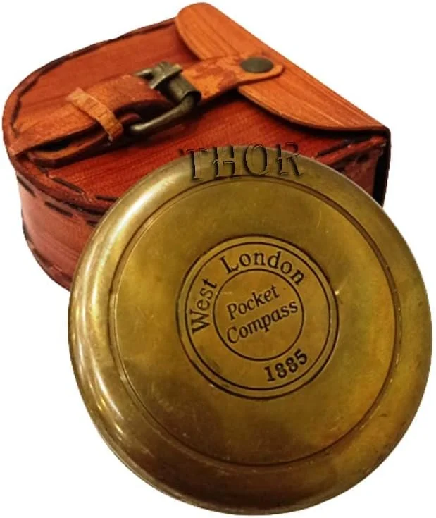 قطب نمای جیبی برنجی سبک قدیمی معتبر THORINSTRUMENTS (همراه با دستگاه) با جعبه چرمی
