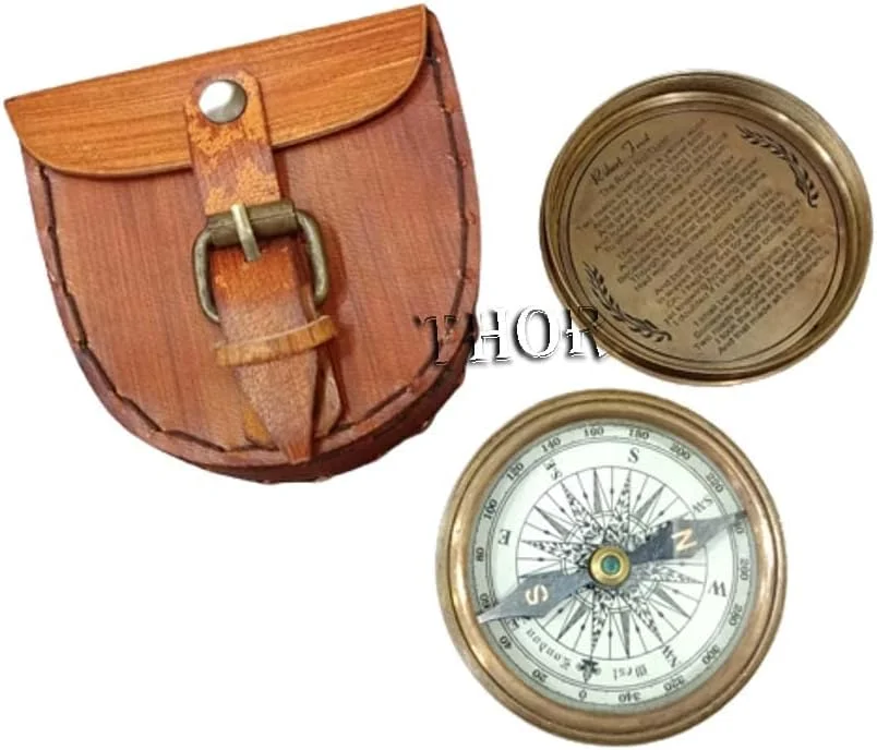 قطب نمای جیبی برنجی سبک قدیمی معتبر THORINSTRUMENTS (همراه با دستگاه) با جعبه چرمی