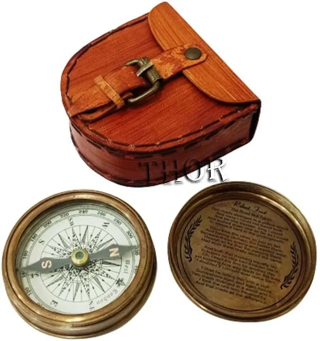 قطب نمای جیبی برنجی سبک قدیمی معتبر THORINSTRUMENTS (همراه با دستگاه) با جعبه چرمی