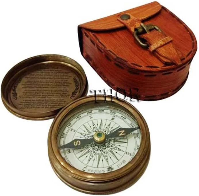 قطب نمای جیبی برنجی سبک قدیمی معتبر THORINSTRUMENTS (همراه با دستگاه) با جعبه چرمی