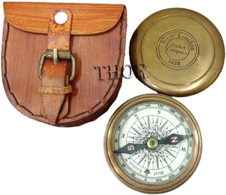 قطب نمای جیبی برنجی سبک قدیمی معتبر THORINSTRUMENTS (همراه با دستگاه) با جعبه چرمی