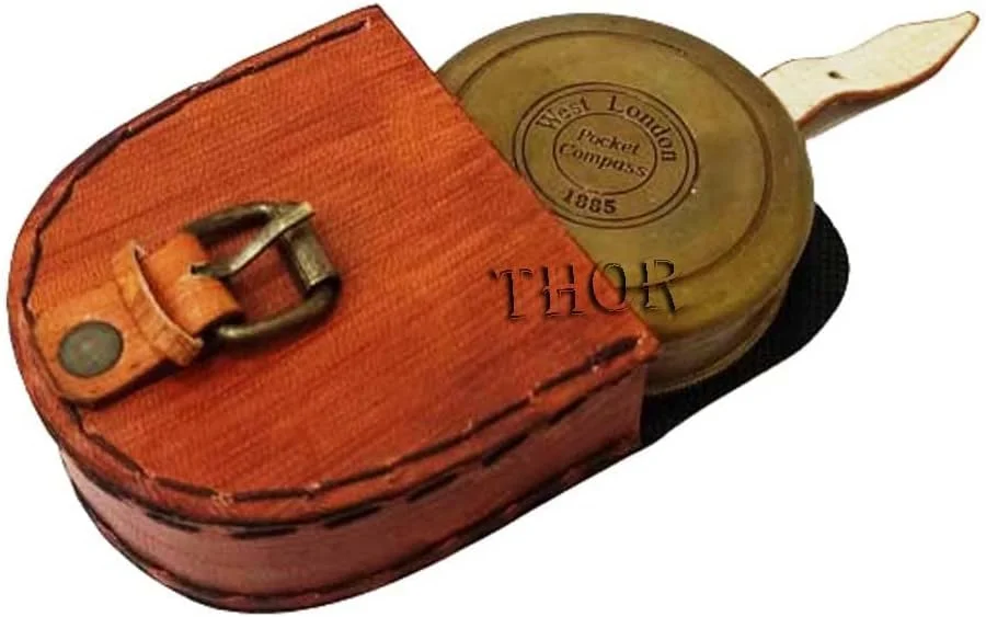 قطب نمای جیبی برنجی سبک قدیمی معتبر THORINSTRUMENTS (همراه با دستگاه) با جعبه چرمی