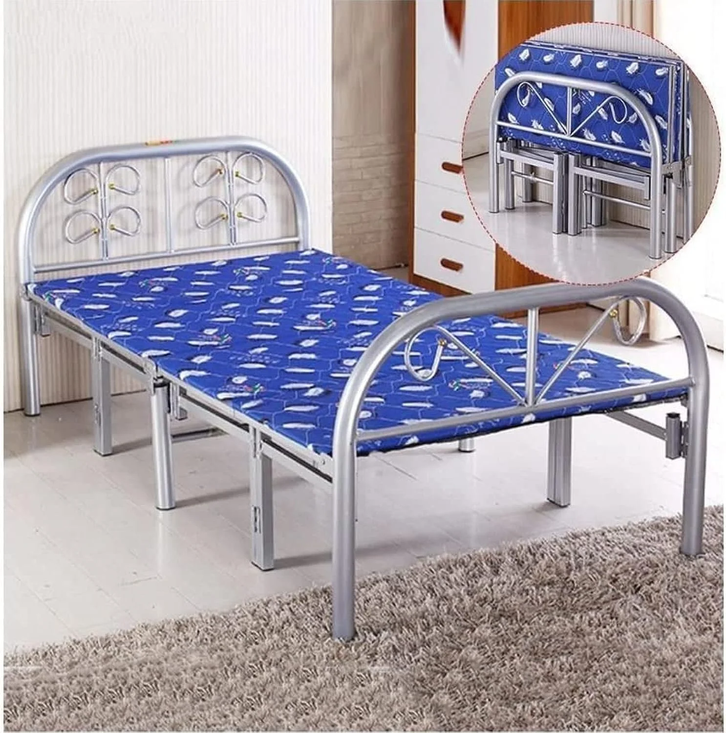 تخت تاشو فلزی سنگین کارناک رنگ نقره ای و آبی - سایز یک نفره (طول x عرض x ارتفاع) 190 x 90 x 70 سانتی متر مدل - KH-FB19090