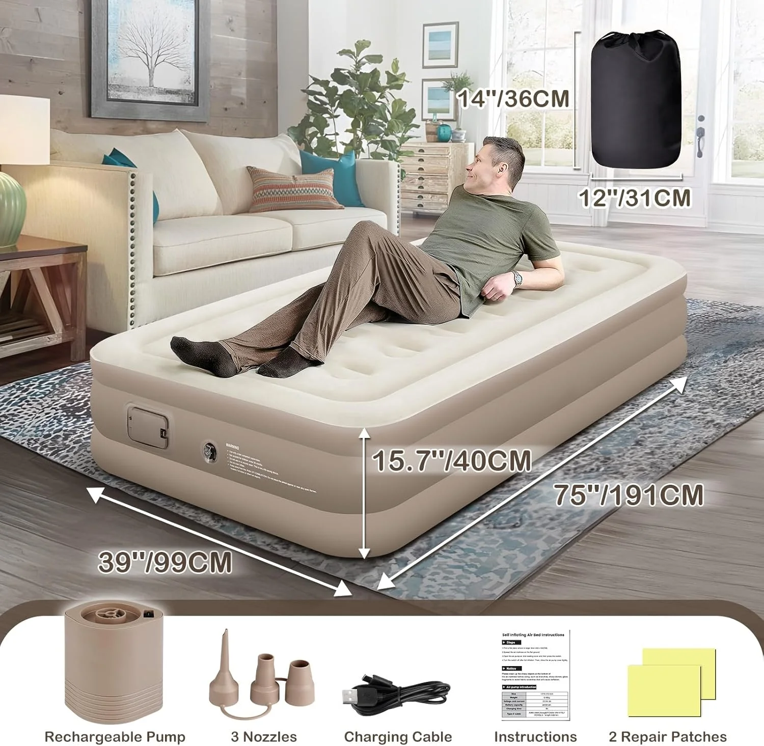 تخت بادی یک نفره ZODAS - بدون نیاز به پریز برق، باد شدن با یک کلیک، تخت بادی با پمپ داخلی، 191x99x40 سانتی متر