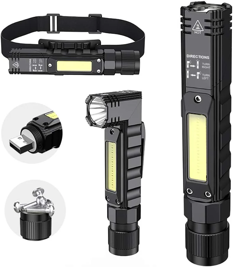 چراغ قوه قابل حمل، چراغ قوه تاکتیکی قابل شارژ USB با 800 لومن، چرخش 90 درجه، ته آهنربایی، چراغ قوه LED ضد آب IPX4 با 5 حالت، چراغ کار COB برای کمپینگ، فضای باز، مطالعه