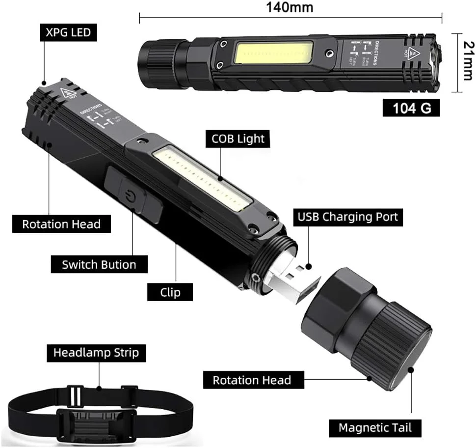 چراغ قوه قابل حمل، چراغ قوه تاکتیکی قابل شارژ USB با 800 لومن، چرخش 90 درجه، ته آهنربایی، چراغ قوه LED ضد آب IPX4 با 5 حالت، چراغ کار COB برای کمپینگ، فضای باز، مطالعه