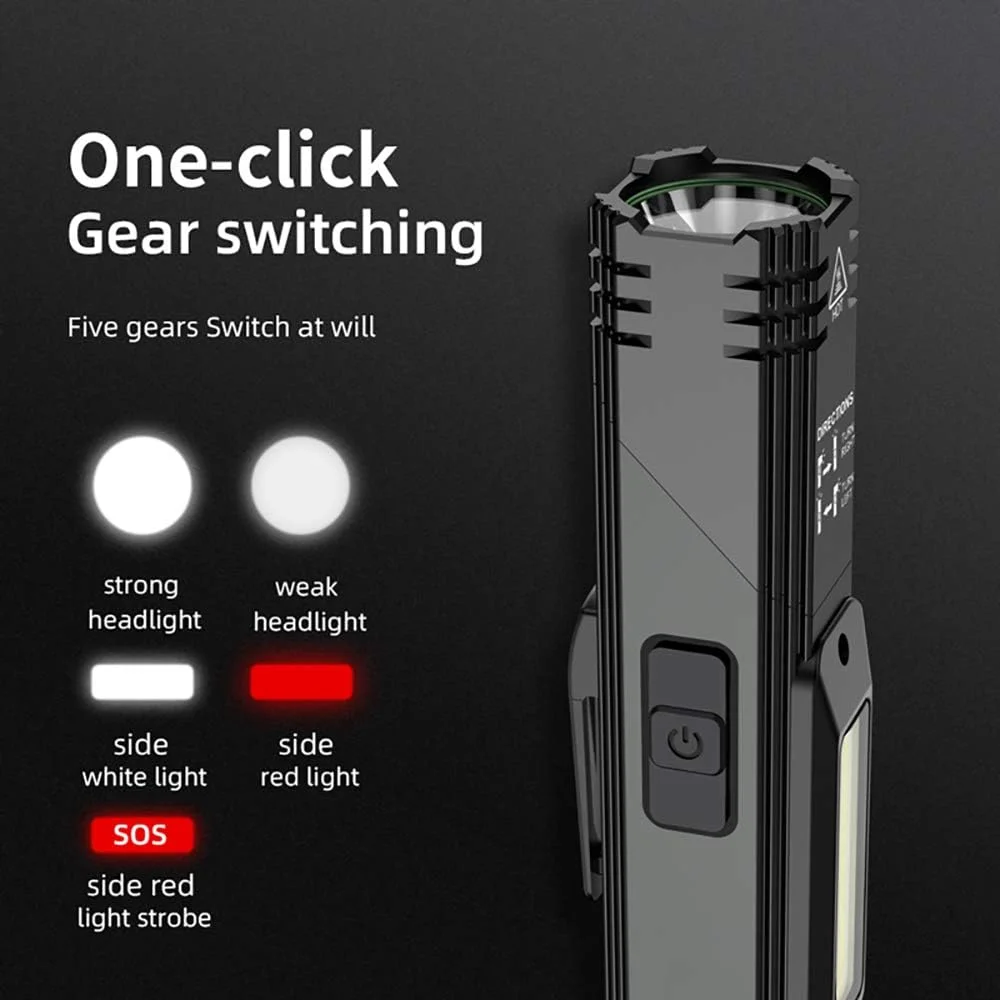 چراغ قوه قابل حمل، چراغ قوه تاکتیکی قابل شارژ USB با 800 لومن، چرخش 90 درجه، ته آهنربایی، چراغ قوه LED ضد آب IPX4 با 5 حالت، چراغ کار COB برای کمپینگ، فضای باز، مطالعه