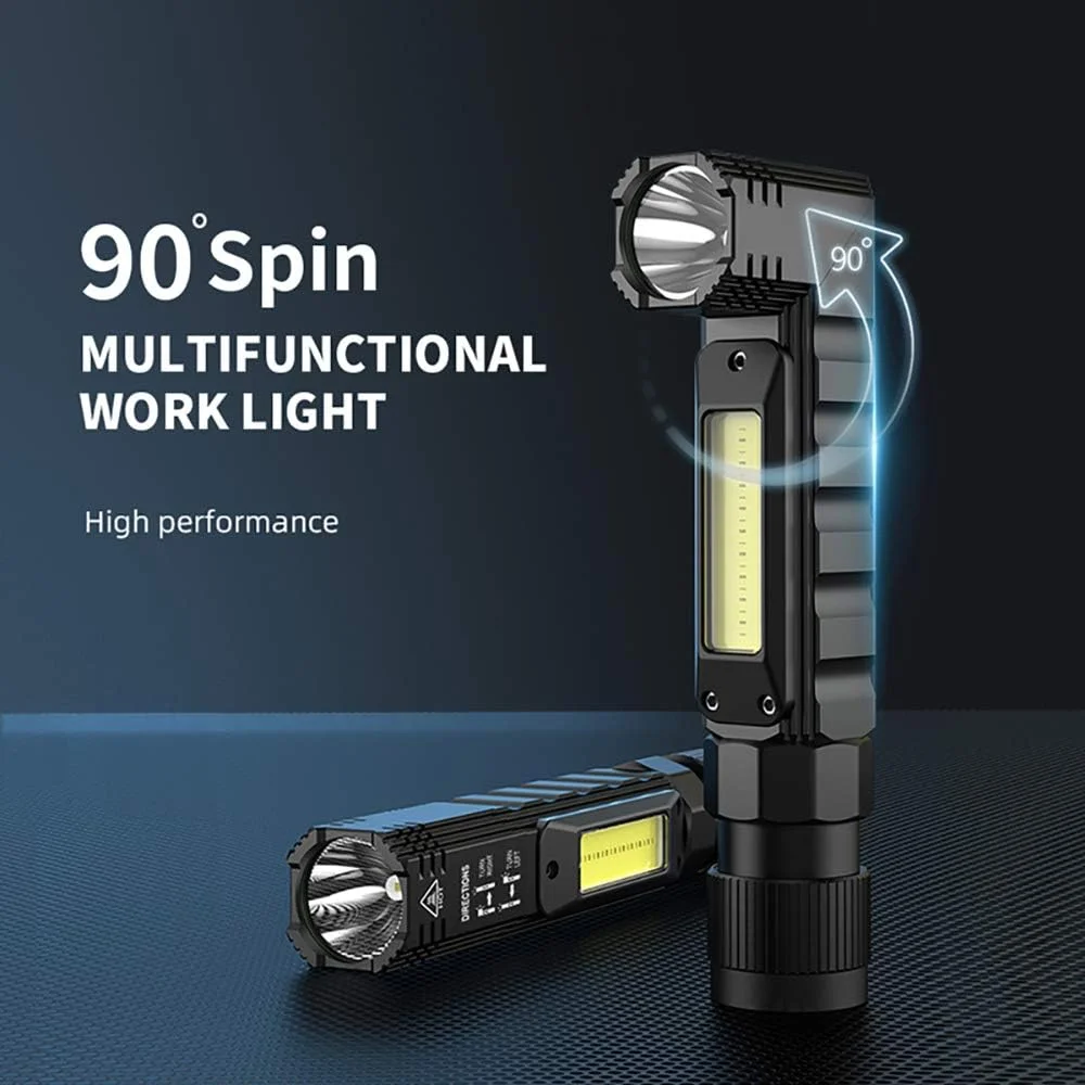 چراغ قوه قابل حمل، چراغ قوه تاکتیکی قابل شارژ USB با 800 لومن، چرخش 90 درجه، ته آهنربایی، چراغ قوه LED ضد آب IPX4 با 5 حالت، چراغ کار COB برای کمپینگ، فضای باز، مطالعه