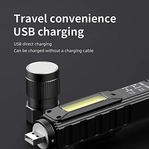 چراغ قوه قابل حمل، چراغ قوه تاکتیکی قابل شارژ USB با 800 لومن، چرخش 90 درجه، ته آهنربایی، چراغ قوه LED ضد آب IPX4 با 5 حالت، چراغ کار COB برای کمپینگ، فضای باز، مطالعه