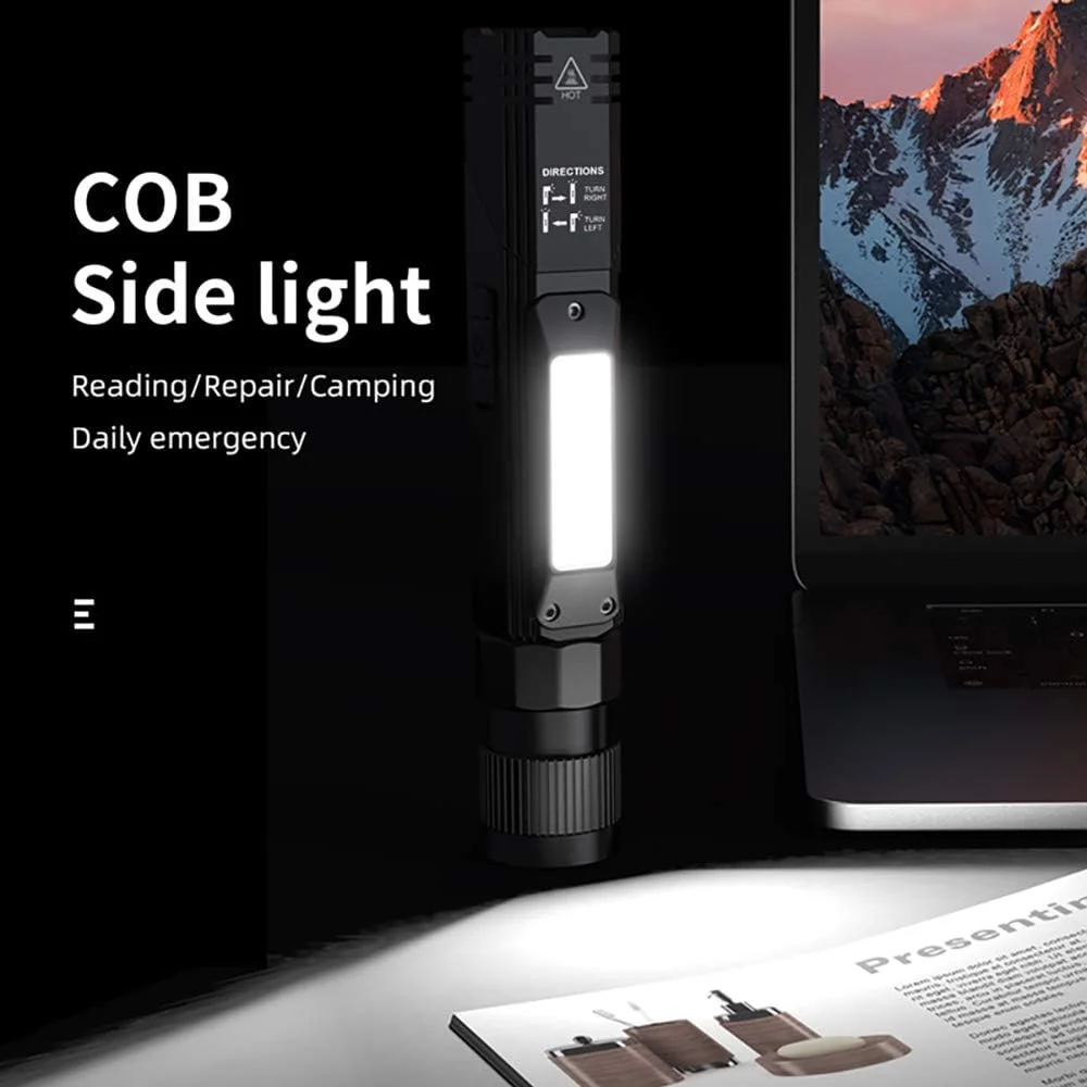 چراغ قوه قابل حمل، چراغ قوه تاکتیکی قابل شارژ USB با 800 لومن، چرخش 90 درجه، ته آهنربایی، چراغ قوه LED ضد آب IPX4 با 5 حالت، چراغ کار COB برای کمپینگ، فضای باز، مطالعه