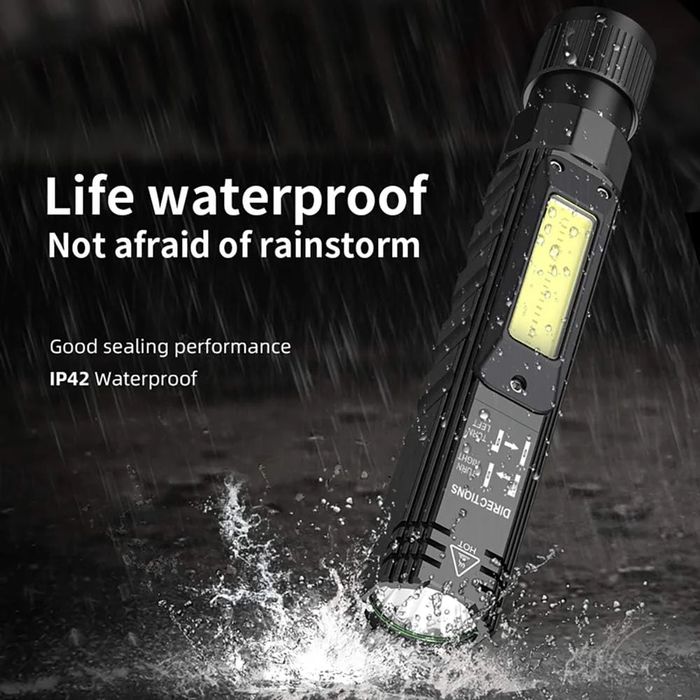 چراغ قوه قابل حمل، چراغ قوه تاکتیکی قابل شارژ USB با 800 لومن، چرخش 90 درجه، ته آهنربایی، چراغ قوه LED ضد آب IPX4 با 5 حالت، چراغ کار COB برای کمپینگ، فضای باز، مطالعه