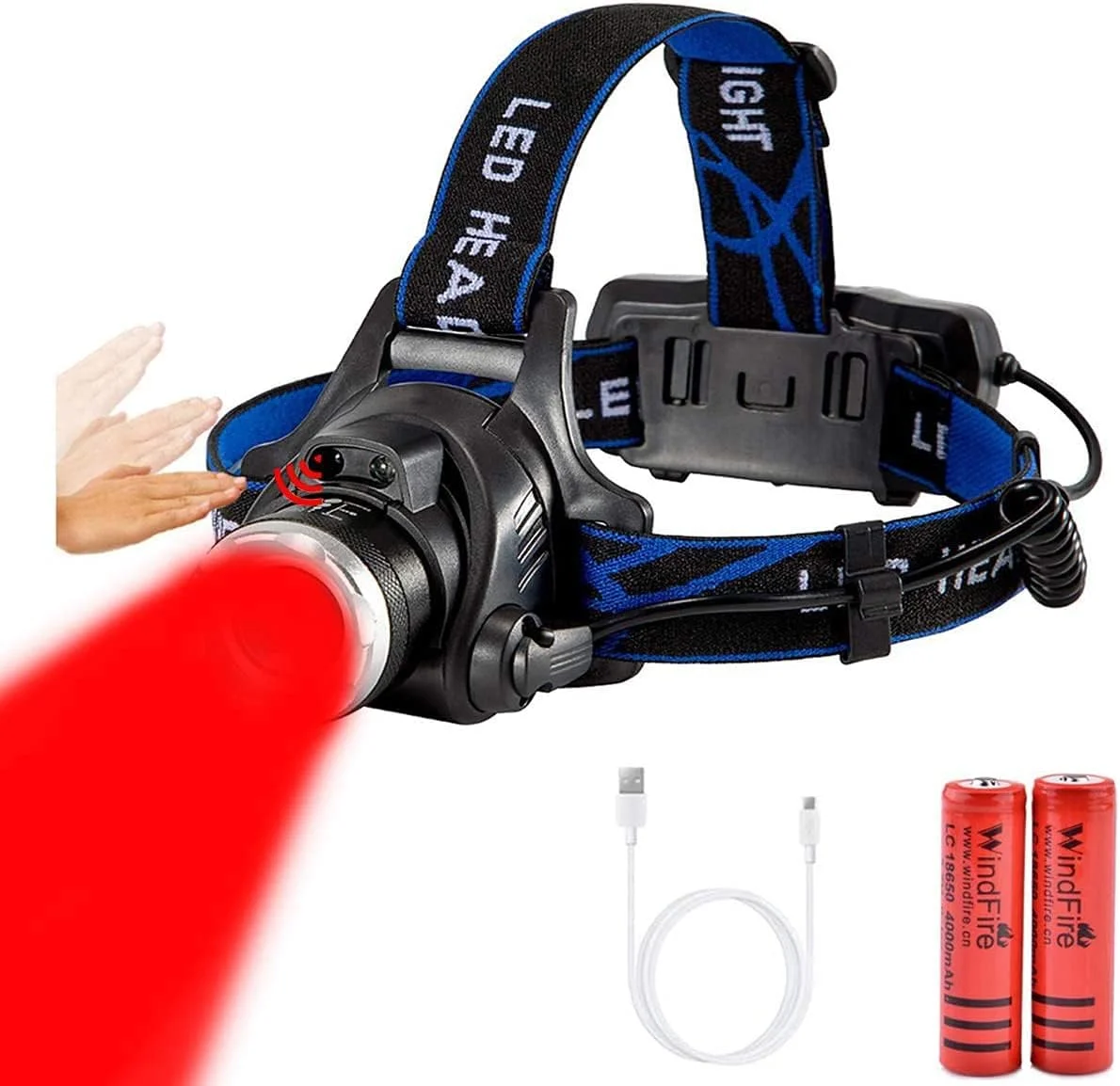 چراغ پیشانی شکار WINDFIRE با نور قرمز، قابل شارژ، 3 حالت LED قرمز و چراغ قوه تاکتیکی ضد آب با قابلیت زوم برای مشاهده در شب، هوانوردی، مطالعه، شکار گراز، کایوت و حیوانات موذی