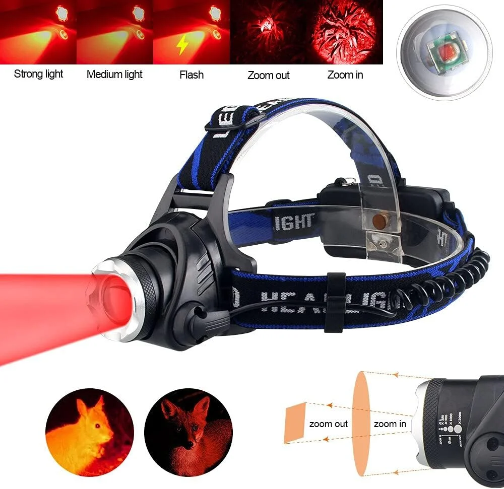چراغ پیشانی شکار WINDFIRE با نور قرمز، قابل شارژ، 3 حالت LED قرمز و چراغ قوه تاکتیکی ضد آب با قابلیت زوم برای مشاهده در شب، هوانوردی، مطالعه، شکار گراز، کایوت و حیوانات موذی