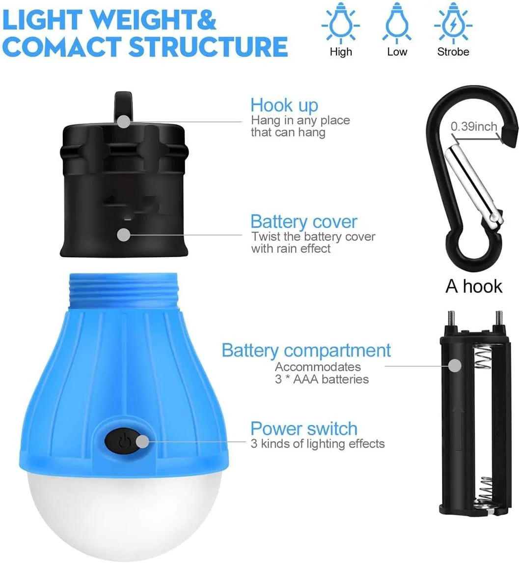 چراغ چادر LED قابل حمل و جمع و جور ECVV، بسته 4 عددی، ساخته شده از مواد ABS مقاوم در برابر آب، 3 حالت روشنایی، طراحی قلاب آویز، ایده آل برای کمپینگ، پیاده روی و استفاده در مواقع اضطراری