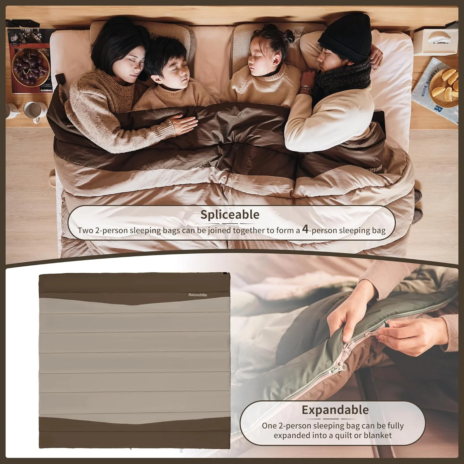 کیسه خواب پهن تر Naturehike YC کیسه خواب پتویی 2 نفره 3-4 فصل برای بزرگسالان کودکان گرم قابل شستشو کیسه خواب های نخی قابل حمل برای کمپینگ، مسافرت و فعالیت های فضای باز
