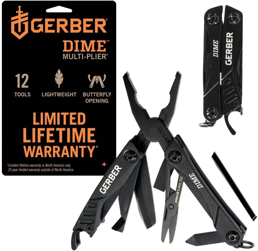 ابزار چندکاره جیبی GERBER GEAR 30-000469N 12-in-1 Dime Mini، انبردست سوزنی، چاقوی جیبی جاکلیدی، درب بازکن بطری، ابزار EDC، مشکی