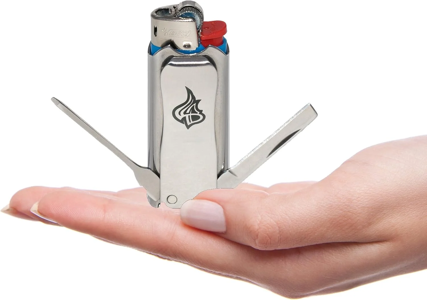 جلد فندک استیل ضد زنگ فوق فشرده LighterBro Micro - قاب فندک چند ابزاره با پوکر، پیچ گوشتی، چاقوی فوق العاده تیز، درب بازکن بطری، جاکلیدی - ابزار بقا، 2.1"x0.8"x0.5" (نقره ای، 1 بسته)