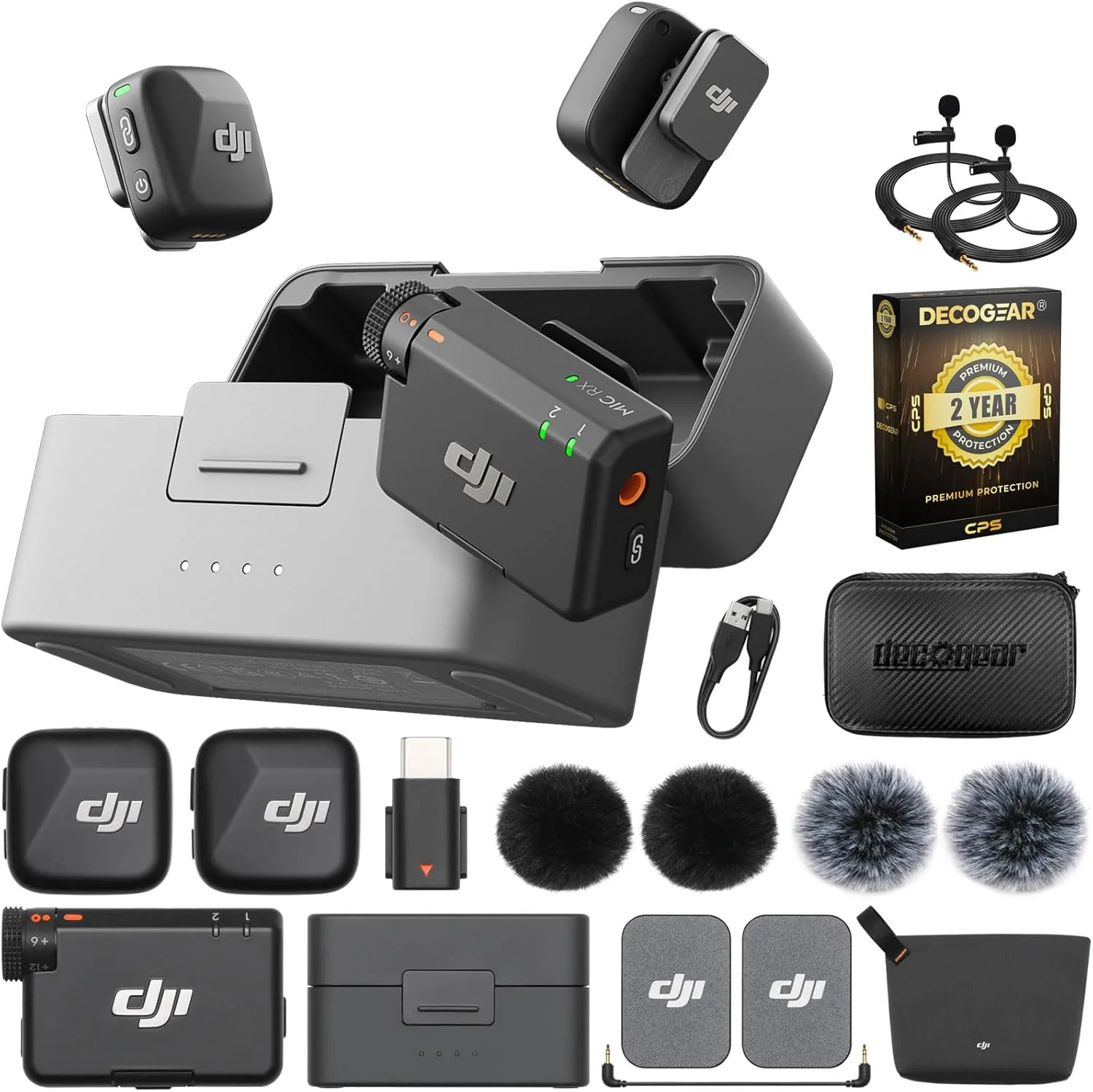 میکروفون بیسیم یقهای DJI Mic Mini (2 فرستنده + 1 گیرنده + جعبه شارژ)، فوق سبک، بسته باتری 48 ساعته به همراه بسته محافظت پیشرفته 2 ساله CPS، 2 عدد میکروفون یقهای Deco Gear و کیف EVA 7 اینچی میکروفون بیسیم یقهای DJI Mic Mini (2 فرستنده + 1 گیرنده + جعبه شارژ)، فوق سبک، بسته باتری 48 ساعته به همراه بسته محافظت پیشرفته 2 ساله CPS، 2 عدد میکروفون یقهای Deco Gear و کیف EVA 7 اینچی