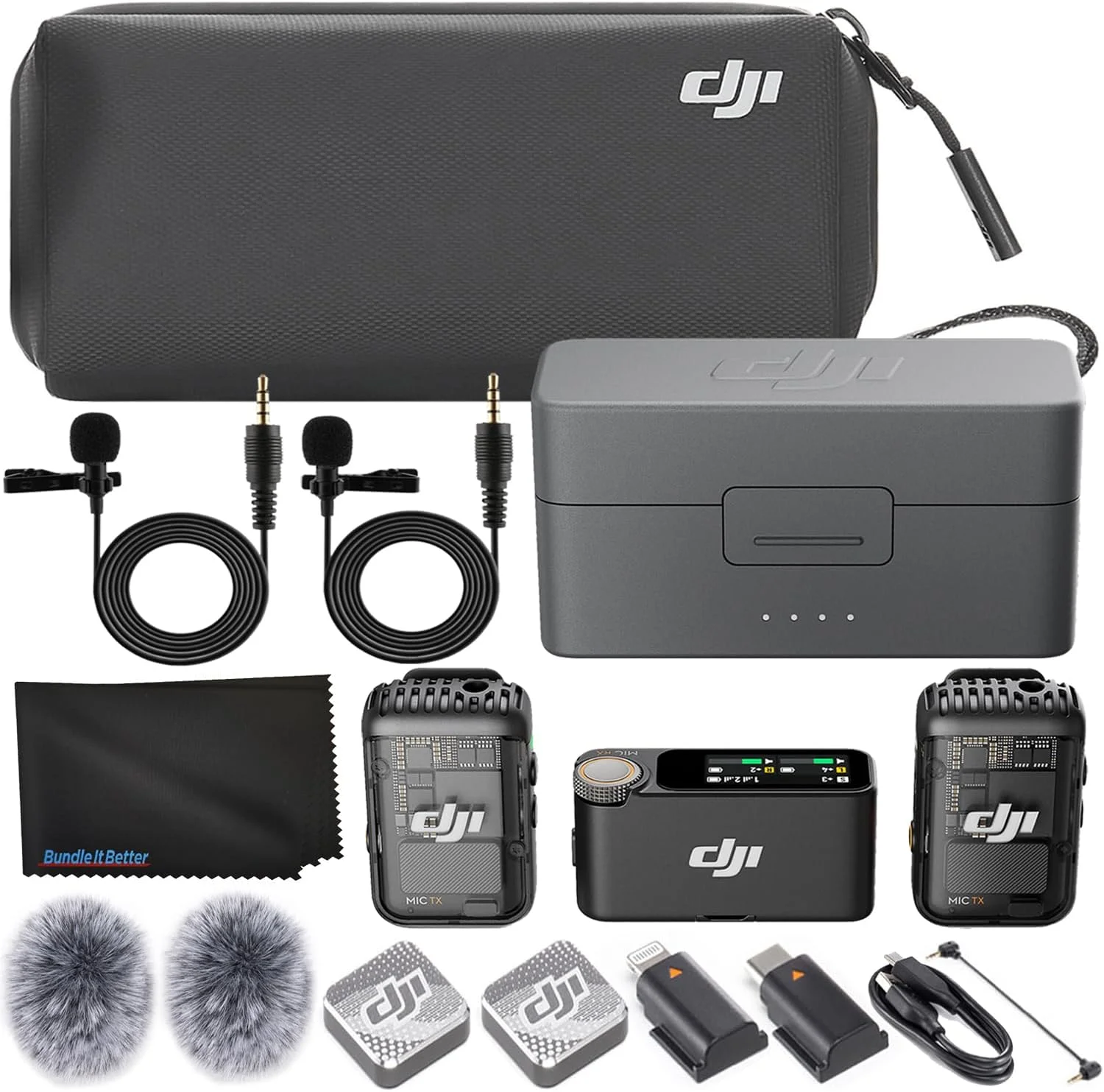میکروفون بی‌سیم DJI Mic 2 (شامل 2 فرستنده + 1 گیرنده + جعبه شارژ)، میکروفون یقه‌ای بی‌سیم، حذف نویز، برد 250 متر، میکروفون برای آیفون، اندروید، دوربین به همراه 2 عدد میکروفون یقه‌ای کندانسور اومنی‌دایرکشنال