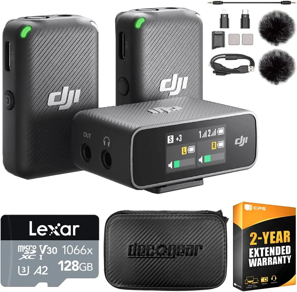 سیستم میکروفون بی سیم و ضبط کننده صدا DJI CP.RN.0000197.01 به همراه کارت حافظه microSDXC لکسار 128 گیگابایتی، کیف سخت 7 اینچی Deco Gear و بسته محافظت پیشرفته CPS سیستم میکروفون بی سیم و ضبط کننده صدا DJI CP.RN.0000197.01 به همراه کارت حافظه microSDXC لکسار 128 گیگابایتی، کیف سخت 7 اینچی Deco Gear و بسته محافظت پیشرفته CPS
