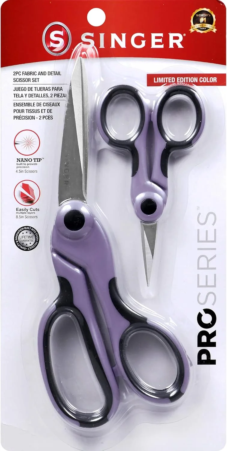 ست قیچی پارچه و قیچی جزئیات صنایع دستی SINGER ProSeries، بنفش یاسی، ست 2 عددی قیچی خیاطی ست قیچی پارچه و قیچی جزئیات صنایع دستی SINGER ProSeries، بنفش یاسی، ست 2 عددی قیچی خیاطی