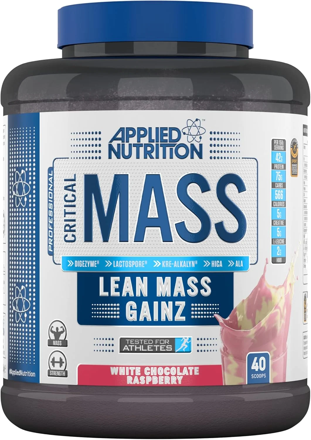پودر پروتئین افزایش وزن Applied Nutrition Critical Mass Professional - افزایش دهنده وزن با کالری بالا، حجم دهنده عضلات (2.4 کیلوگرم - 16 سروینگ) (شکلات سفید تمشک)