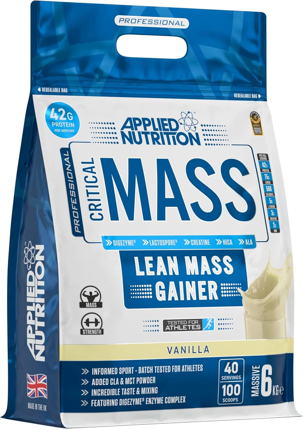 پودر پروتئین مکمل غذایی افزایش حجم Applied Nutrition Critical Mass، وانیلی، 6 کیلوگرم