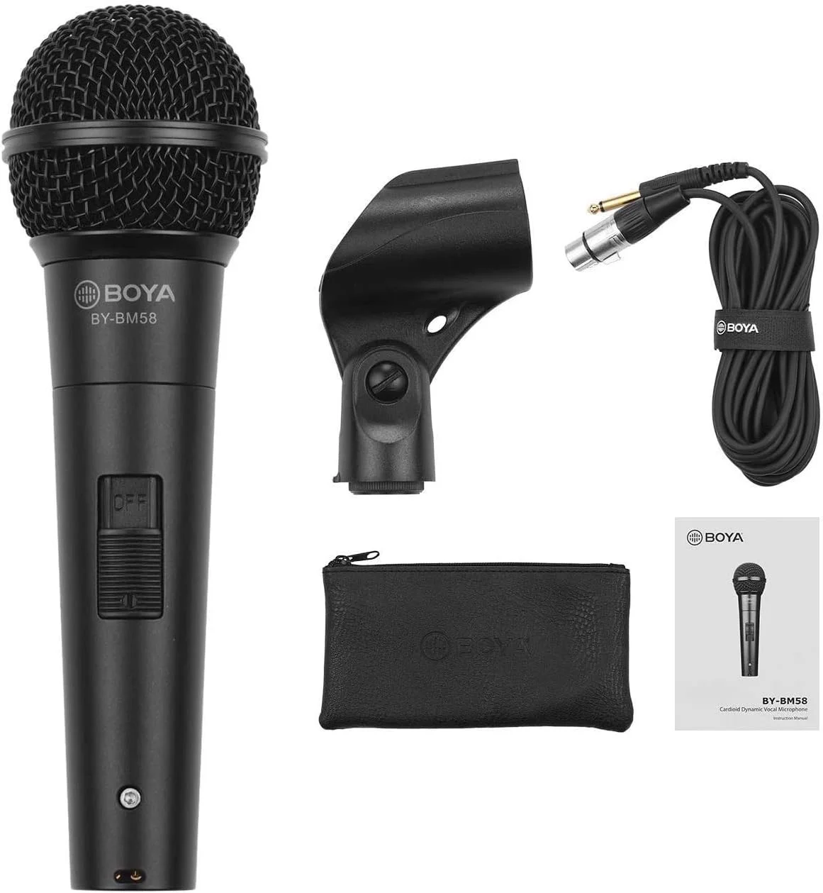 میکروفون داینامیک کاردیوئید حرفه ای Boya BY-BM58 به همراه کابل XLR 5 متری، پایه میکروفون و کیف حمل. دارای پاپ فیلتر داخلی. مناسب برای ضبط وکال، آواز و ضبط صدای زنده میکروفون داینامیک کاردیوئید حرفه ای Boya BY-BM58 به همراه کابل XLR 5 متری، پایه میکروفون و کیف حمل. دارای پاپ فیلتر داخلی. مناسب برای ضبط وکال، آواز و ضبط صدای زنده