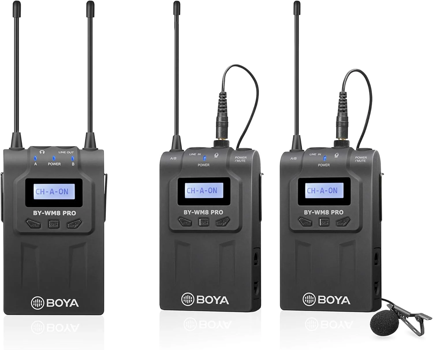 سیستم میکروفون بی سیم دو کاناله UHF بویا Leslaur BY-WM8 Pro-K2 شامل گیرنده + فرستنده A + فرستنده B با صفحه نمایش LCD برای دوربین های DSLR کانن نیکون سونی