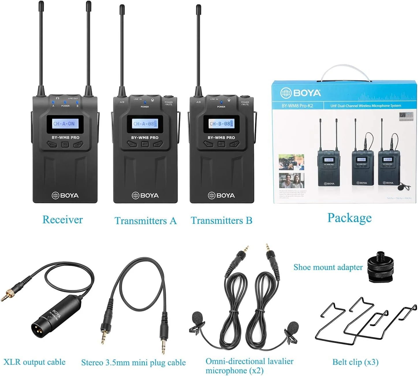 سیستم میکروفون یقه ای بی سیم UHF بویا WM8 Pro-K2 با ضبط کننده صدا، دارای 2 فرستنده بدنه، 1 گیرنده قابل حمل سازگار با دوربین های DSLR کانن نیکون سونی پاناسونیک، دوربین فیلمبرداری XLR و تلفن هوشمند سیستم میکروفون یقه ای بی سیم UHF بویا WM8 Pro-K2 با ضبط کننده صدا، دارای 2 فرستنده بدنه، 1 گیرنده قابل حمل سازگار با دوربین های DSLR کانن نیکون سونی پاناسونیک، دوربین فیلمبرداری XLR و تلفن هوشمند