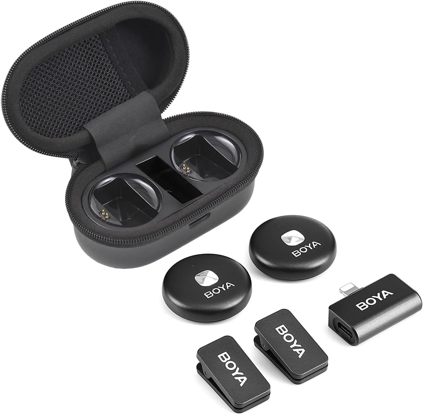 سیستم میکروفون بی سیم BOYA Omic-D-B با 1 گیرنده + 2 فرستنده + 1 جعبه شارژ، دارای قابلیت کاهش نویز، میکروفون مینی داخلی برای آیفون 14/13/12/11 برای پخش زنده، مصاحبه و ولاگ