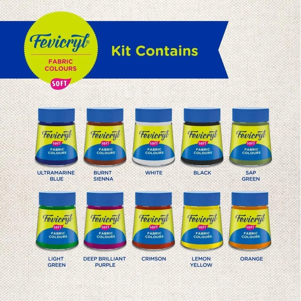 کیت رنگ پارچه Fevicryl Pidilite - 20 میلی لیتر برای نقاشی روی پارچه (10 X 20 میلی لیتر) - شابلون خلاقانه رایگان (1 عدد) و تگ چمدان (2 عدد)