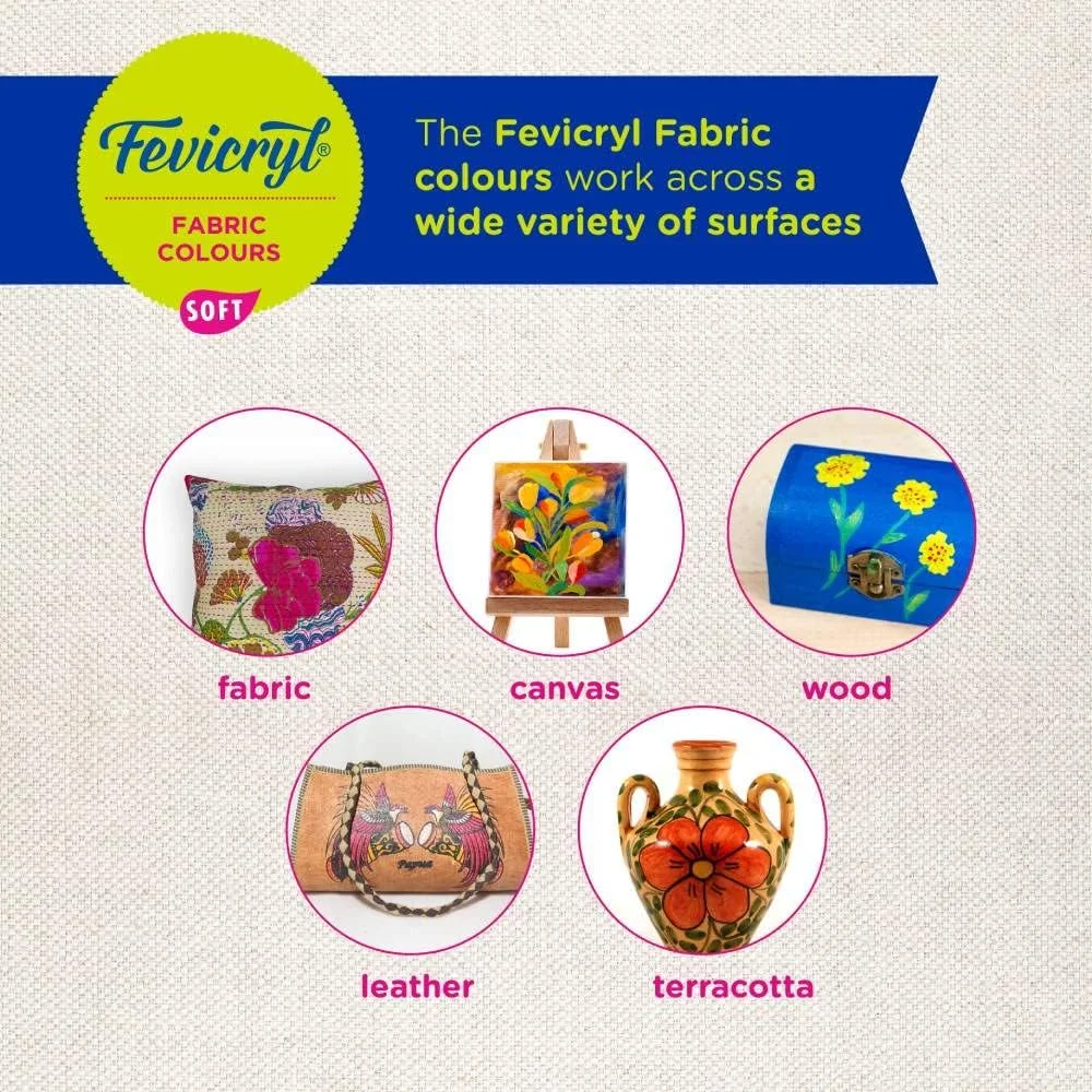 کیت رنگ پارچه Fevicryl Pidilite - 20 میلی لیتر برای نقاشی روی پارچه (10 X 20 میلی لیتر) - شابلون خلاقانه رایگان (1 عدد) و تگ چمدان (2 عدد)