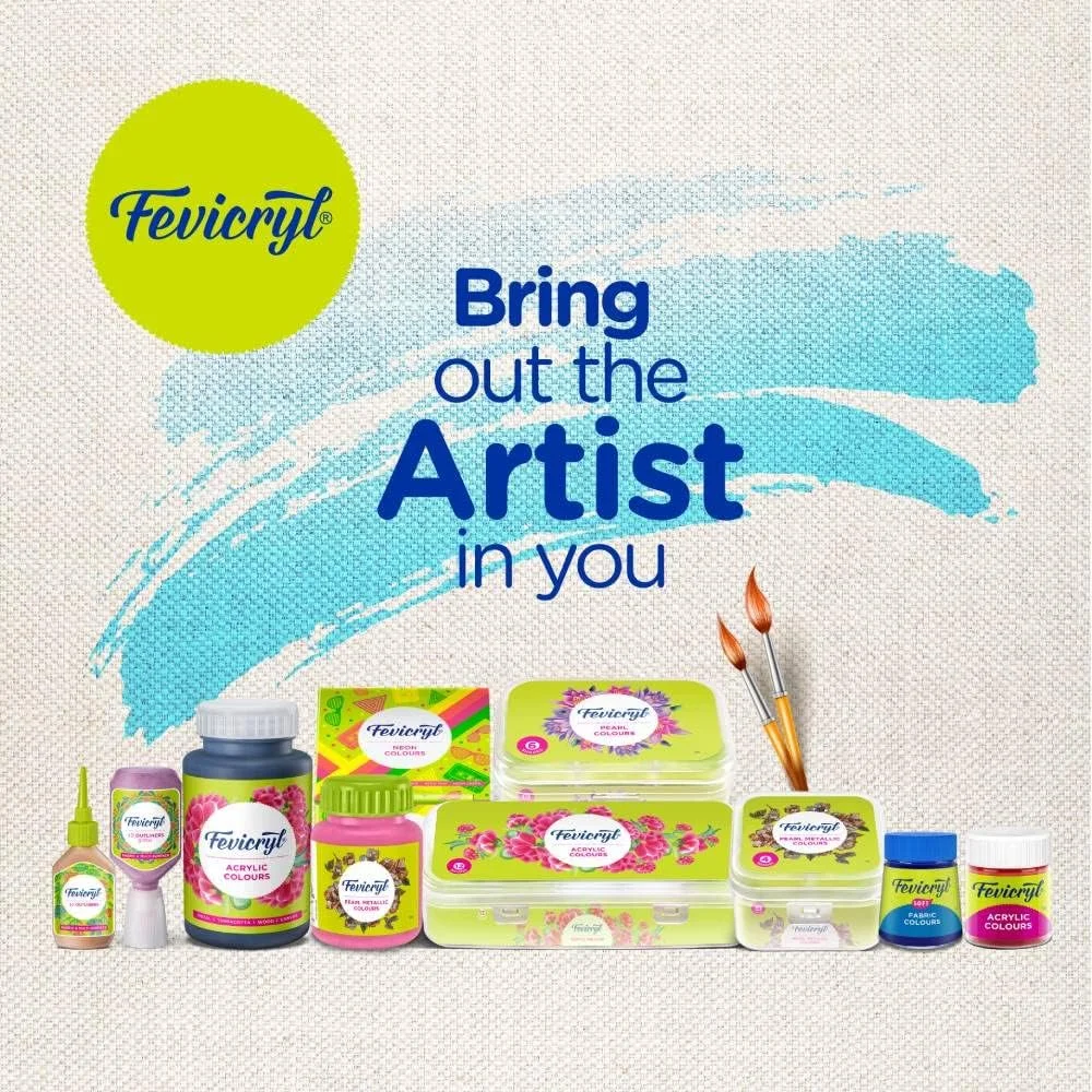 کیت رنگ پارچه Fevicryl Pidilite - 20 میلی لیتر برای نقاشی روی پارچه (10 X 20 میلی لیتر) - شابلون خلاقانه رایگان (1 عدد) و تگ چمدان (2 عدد)