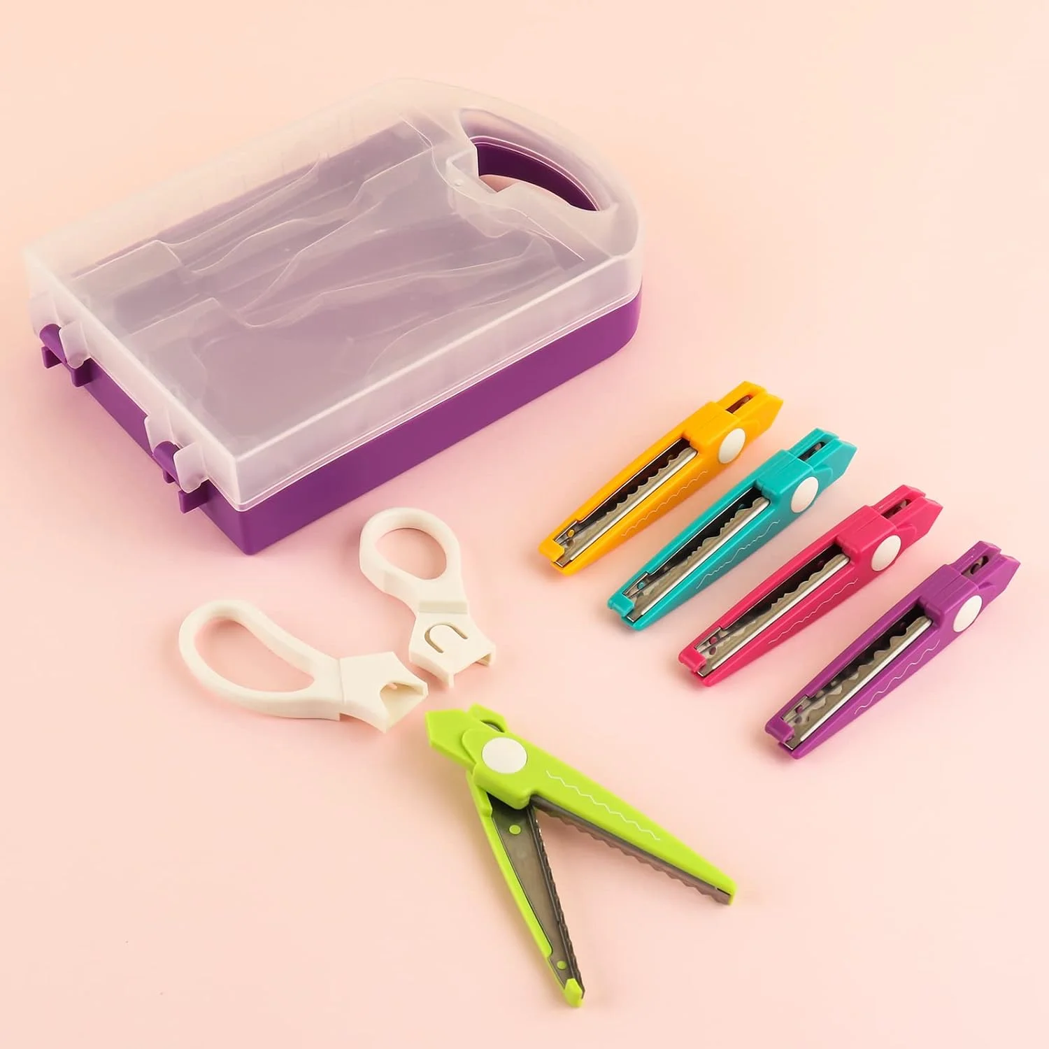 ست قیچی لبه کاغذی تزئینی، 5 جفت لبه قیچی قابل تعویض با محفظه سازماندهی قابل حمل، عالی برای برش لبه موجی کاغذ DIY، صنایع دستی، اسکرپ بوک، طراحی کوئیلینگ کاغذی کودکان