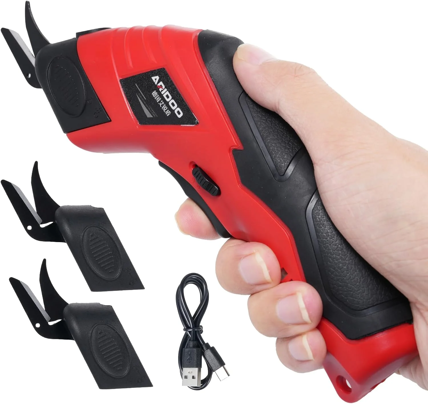 قیچی برقی VISLONE با 2 تیغه قابل تعویض ساخته شده از فولاد تنگستن، قیچی شارژی، قابلیت برش پارچه های نخی تا ضخامت 9 میلی متر، ساقه گیاهان، مقوا، پانل های پلاستیکی PVC