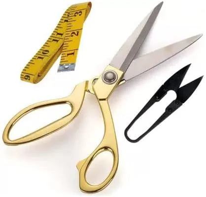 قیچی برش پارچه طلایی FaaS سایز 9.5 اینچ + نخ چین 1 عدد و متر خیاطی 1 عدد (ست 3 عددی)
