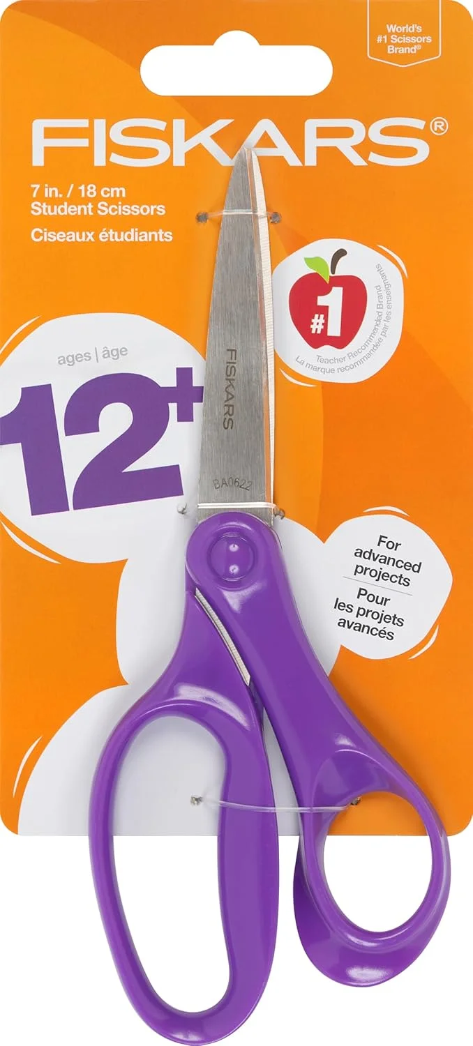 قیچی دانش آموزی 7 اینچی فیسکارس برای کودکان 12 تا 14 سال، قیچی برای مدرسه یا کاردستی، لوازم مدرسه، بنفش