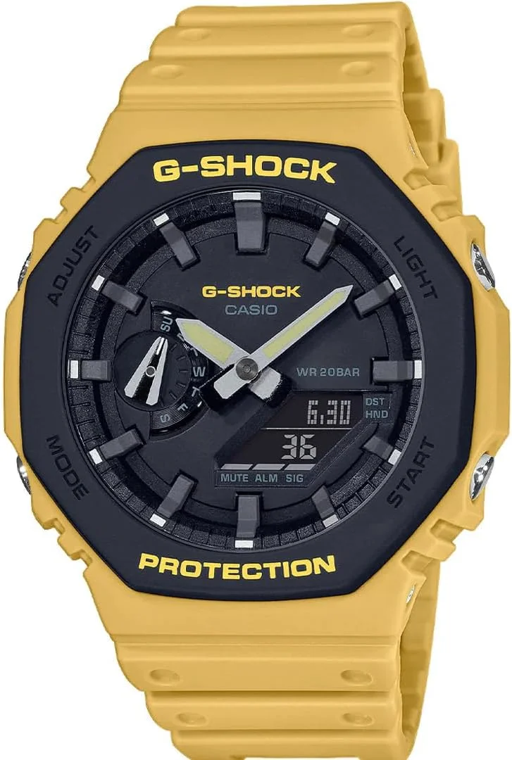 ساعت مچی مردانه کاسیو مدل GA-2110SU-9AER با قطر 48.50 میلی متر، موتور کوارتز، صفحه نمایش آنالوگ-دیجیتال مشکی و بند رزین/پلاستیک زرد
