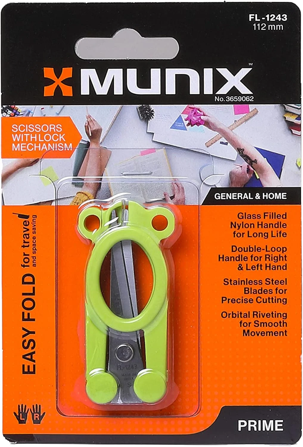 قیچی تاشو استیل Munix FL-1243، 112 میلی متر / 4.5 اینچ | تیغه نوک تیز با مکانیزم قفل | دسته های نامتقارن برای گرفتن آسان | سبز، بسته 3 عددی - رنگ ممکن است متفاوت باشد
