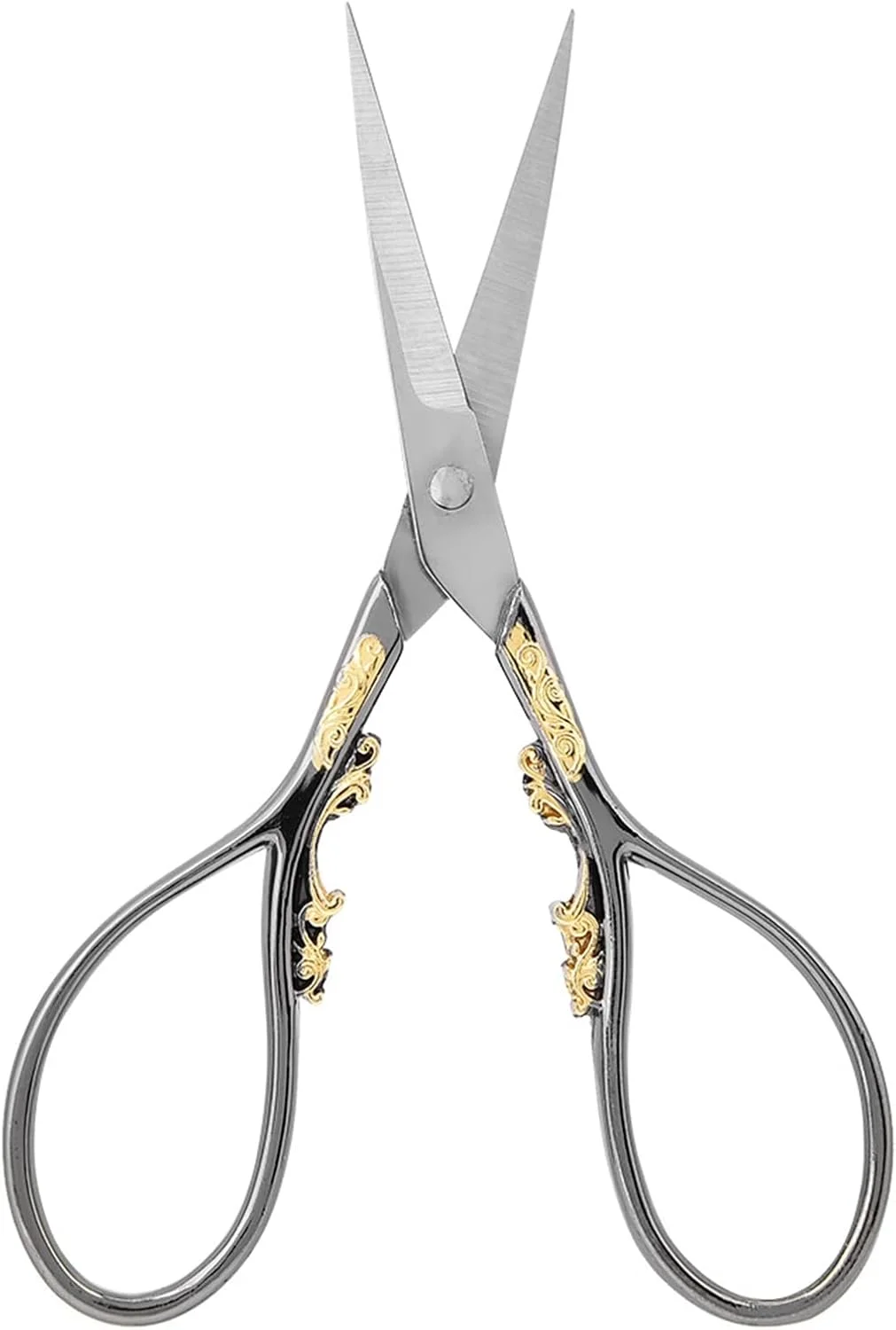 قیچی خیاطی عتیقه استیل ضد زنگ، طراحی کلاسیک اروپایی برای خیاطی و گلدوزی با دسته آلیاژ روی، برای کاردستی DIY (گل طلایی مشکی)