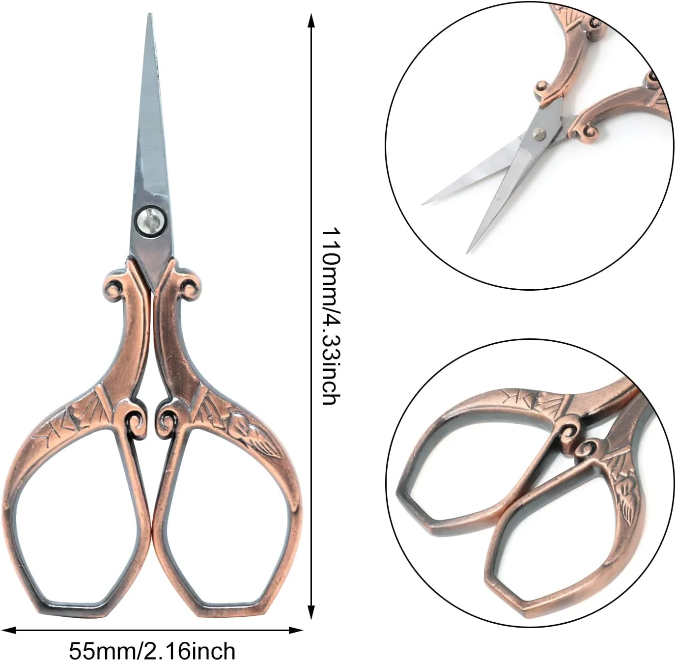 قیچی گلدوزی طرح پر، گوشه دار، دسته زاویه دار yueton (مسی)