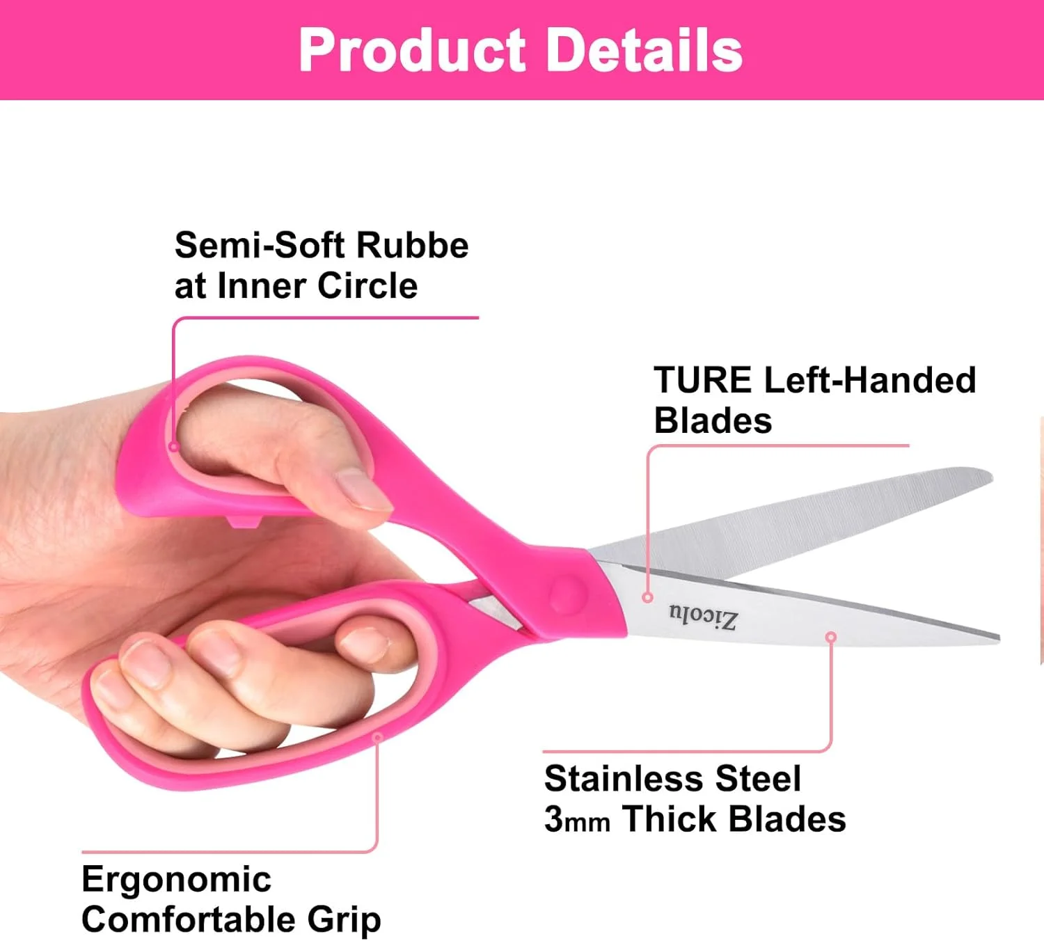 مجموعه قیچی چپ دست زیکولو 2 عددی، قیچی نوجوانان چپ دست 8.5 اینچی برای سنین 15 سال به بالا - قیچی چپ دست برای هنر و صنایع دستی، دفتر، خیاطی پارچه، لوازم بازگشت به مدرسه، صورتی آبی