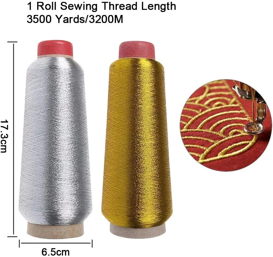 نخ تزئینی طلایی و نقره ای KASTWAVE، 2 عدد نخ چرخ خیاطی، نخ براق، نخ گلدوزی برای عروسی/تزئین/هدایای صنایع دستی DIY/بسته بندی/گلدوزی (6400 متر)