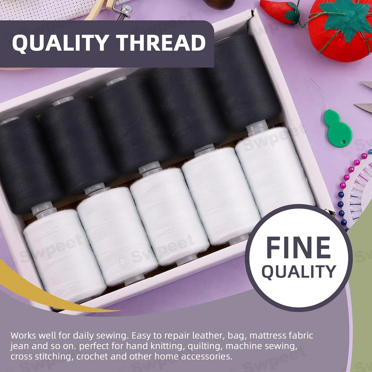 نخ های همه منظوره KASTWAVE مشکی و سفید 2 رنگ با کیت سوزن خیاطی، 1000 یارد نخ خیاطی پلی استر نخ گلدوزی، مجموعه سوزن نخ کن دستی برای عاشقان صنایع دستی (10 عدد) نخ های همه منظوره KASTWAVE مشکی و سفید 2 رنگ با کیت سوزن خیاطی، 1000 یارد نخ خیاطی پلی استر نخ گلدوزی، مجموعه سوزن نخ کن دستی برای عاشقان صنایع دستی (10 عدد)