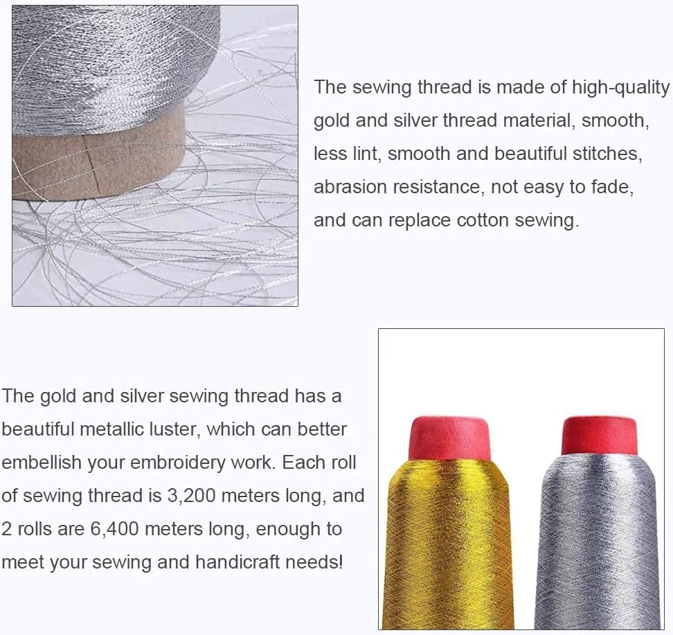 نخ تزئینی طلایی و نقره ای KASTWAVE، 2 عدد نخ چرخ خیاطی، نخ براق، نخ گلدوزی برای عروسی/تزئین/هدایای صنایع دستی DIY/بسته بندی/گلدوزی (6400 متر)