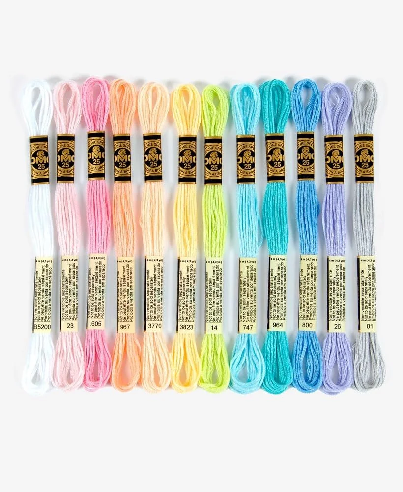 DMC - مجموعه نخ های قالب دار ویژه 117MC - رنگ های پاستلی، 100% پنبه - 12 کلاف 4 متری | نخ گلدوزی، ایده آل برای کوک ضربدری، دستبند برزیلی، هنر و صنایع دستی